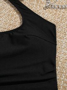 Swim Lushoire Women's Black Summer Casual Swimwear Set,Solid Color Spaghetti Strap Tie Top & Triangle Bikini Bottom,Tummy Control Beach Party Holiday Wear - Black - View 5