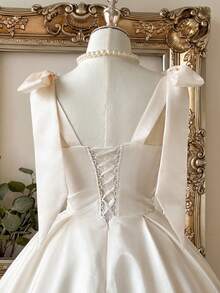 Lovelzi Elegant Luxurious Khaki Sequin Silk Bow Decor Spaghetti Strap Shell Pleated A-Line Short Cocktail Dress - White - View 7