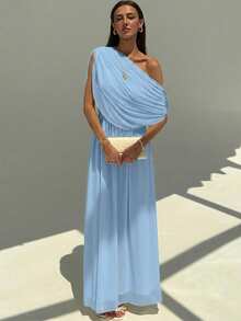 Aloruh Draped Shoulder Ruffle Decor Slim Fit Extra Long Flowy Maxi Dress,Light Blue Summer Elegant Vacation Wedding Guest Cocktail Holiday Party Lightweight - Baby Blue - View 3