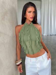 Aloruh New Sexy Backless Lace-Up Design Crop Top, Elegant Purple Layered Ruffle Decor Halter Backless Vest, Summer,Summer Top - Olive Green - View 6