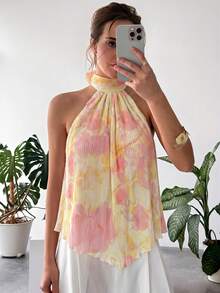 Aloruh Blouse à col ras-du-cou froncée à imprimé floral, style vacances pour femmes - Jaune clair - Voir 3