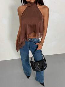 SHEIN PETITE Women's Lace Patchwork Halter Backless Sexy Versatile Top For Dates & Outings,Summer Top ,Petite Women - Coffee Brown - View 12