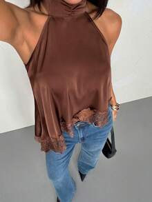 SHEIN PETITE Women's Lace Patchwork Halter Backless Sexy Versatile Top For Dates & Outings,Summer Top ,Petite Women - Coffee Brown - View 9