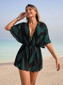 Swim Lushoire 1pc Women Mesh Leaf Pattern Cover-Up, Casual For Home, Beach, Pool, Vacation, Spring/Summer - Multicolor - View 5