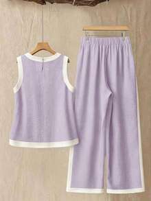 2 piezas Conjunto de top de tirantes de unicolor y elegante con cuello redondo y pantalones de pierna ancha, adecuado para vacaciones y uso diario casual - Púrpura malva - Ver 2