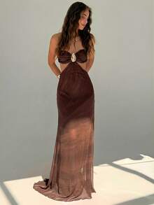Aloruh Robe dos nu avec décoration métallique pour vacances à la plage pour femmes - Café - Voir 8