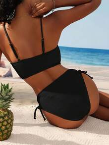 SHEIN Swim Ladies Fashionable Solid Color Versatile Bikini Set For Summer Beach - Black - View 2