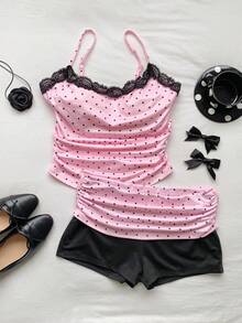 on lazo de cinta y detalle de encaje de dos piezas, conjunto de ropa de estar en casa de top de tirantes y shorts con estampado de vida silvestre adorable y acento de encaje dulce para niñas - Blanco - Ver 9
