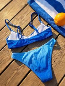 Swim Mod Set de 2 piezas Conjunto de playa para mujer, ropa de baño de vacaciones elegante y sexy, parte superior bandeau con tirantes ajustables de color degradado y Bottom de bikini, adecuado para fiestas en la piscina, primavera/verano - Multicolor - Ver 2