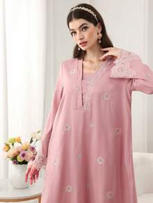 Yasmyna Robe longue à manches longues, évasée et élégante avec ourlet brodé pour femmes - Rose bonbon - Voir 8