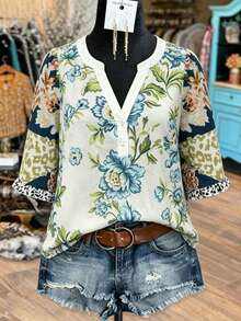 EMERY ROSE Plus Size Women's Retro Blue Floral Print Leopard Patchwork V-Neck Short Sleeve Blouse,White Summer Boho Flowy Vacation Ruffle Hem Loose Casual Shirt - Multicolor - View 3