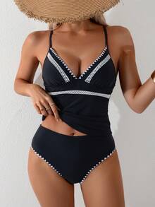 Swim Lushoire Bộ bikini hai mảnh màu đen trơn, kiểu dáng thoải mái, thích hợp cho kỳ nghỉ hè, đi biển, có dây đeo điều chỉnh được, viền hoa. - màu đen - Xem 3