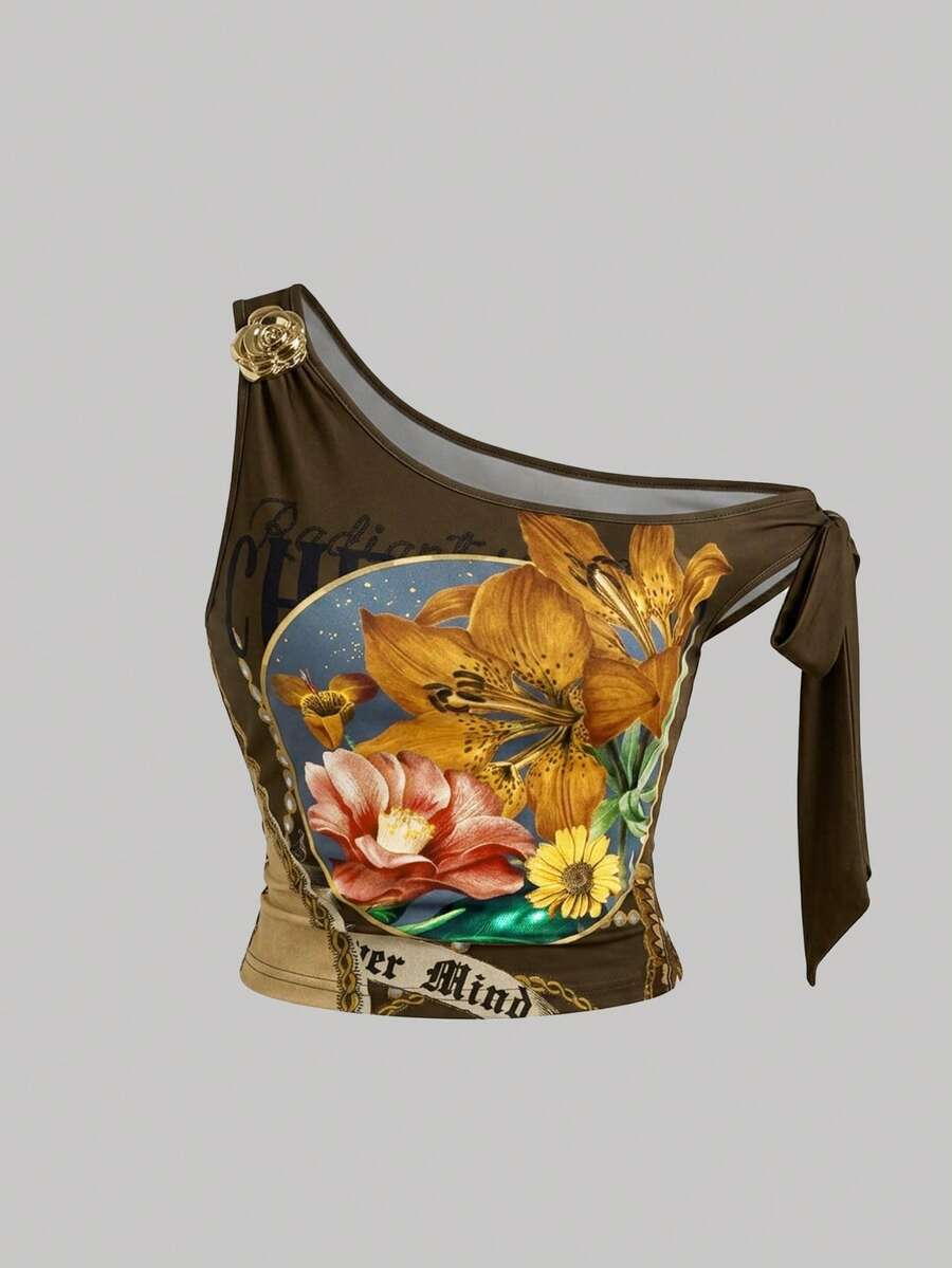 SHEIN MOD 大码印花金属扣蝴蝶结肩部上衣 - 咖啡棕 - 查看 1