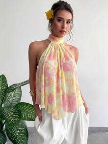Aloruh Blouse à col ras-du-cou froncée à imprimé floral, style vacances pour femmes - Jaune clair - Voir 6