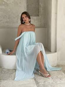 Aloruh Đầm maxi dáng xòe trễ vai phong cách bohemian thanh lịch dành cho nữ, đầm chiffon màu xanh dương trơn lãng mạn. - Màu xanh lam - Xem 7