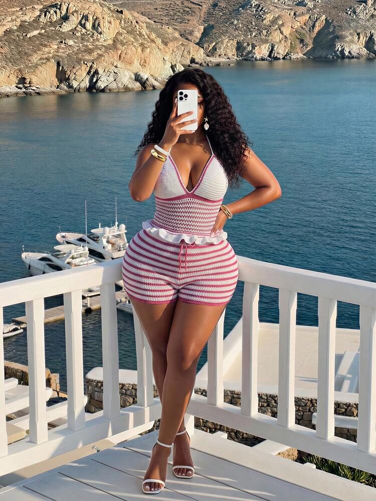 Slaydiva White Summer Smart Casual Beach Plus Size Knit 2-Piece Set,Sleeveless Halter Tie-Front Low-Cut Ruffle Hem Knit Top&Fitted Super-Short Shorts,Crochet - Multicolor - View 3