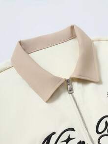 STYNVO Men's Color Block Zipper Letter Embroidery Pattern Casual Versatile Daily Wear Shirt - Apricot - View 3