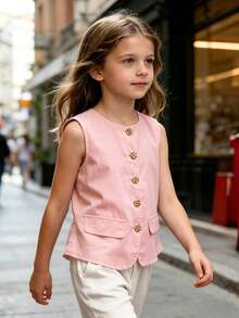 Elladie kids 少女休闲优雅通勤淑女圆领无袖短款背心，配金色纽扣，复古风格衬衫 - 粉色 - 查看 3