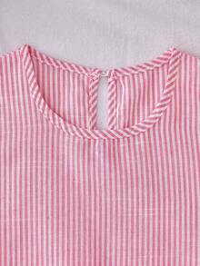 Tween Girls' Spring/Summer Vacation Nordic Casual Everyday Commute Round Neck Sleeveless Ruffle Hem Doll Dress, Striped Woven Linen Dress - Pink - View 3