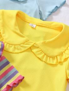 Genkimix Kids 3件装女童荷叶边领短袖T恤，彩色条纹/浅紫色/粉色纯色三种可选，荷叶边领设计甜美吸睛，适合日常休闲穿着、春夏郊游、露营、度假、返校等场合。 - 彩色 - 查看 6