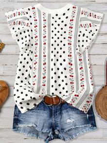 EMERY ROSE 大码女式清新甜美法式复古衬衫，樱桃波点V领荷叶袖短袖衬衫，法式褶裥开襟休闲印花通勤日常百搭宽松直筒衬衫，沙滩度假休闲衬衫，夏季新品衬衫 - 彩色 - 查看 2