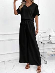 SHEIN Clasi 女士优雅V领上衣和阔腿裤树叶印花两件套 - 黑色 - 查看 6