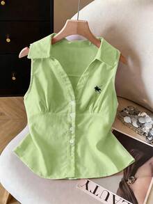 SHEIN Franclia Áo polo nữ mùa xuân/hè dáng casual, cổ thêu, không tay. - màu xanh lá - Xem 3