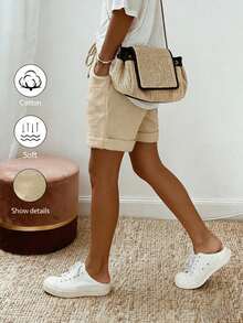 SHEIN Holidaya Quần short nữ mùa hè mới, chất liệu cotton lanh, kiểu dáng thường ngày, có dây rút và gấu quần xắn lên, kết hợp với thiết kế cạp chun có dây rút và chi tiết gấu quần xắn lên, mang đến vẻ ngoài thoải mái nhưng vẫn thanh lịch, phù hợp cho những buổi đi chơi hàng ngày, kỳ nghỉ hoặc những dịp thường nhật nhẹ nhàng. Đây là một món đồ đa năng trong dòng quần short thường ngày có dây rút, quần dài màu kaki thanh lịch và quần ống rộng ôm dáng. - Màu be - Xem 6