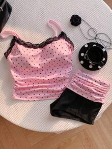 on lazo de cinta y detalle de encaje de dos piezas, conjunto de ropa de estar en casa de top de tirantes y shorts con estampado de vida silvestre adorable y acento de encaje dulce para niñas - Blanco - Ver 8