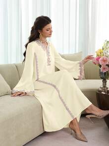 Yasmyna V-Neck Embroidered Applique Pink Relaxed Casual Long Sleeve Flared Elegant Robe - Apricot - View 6