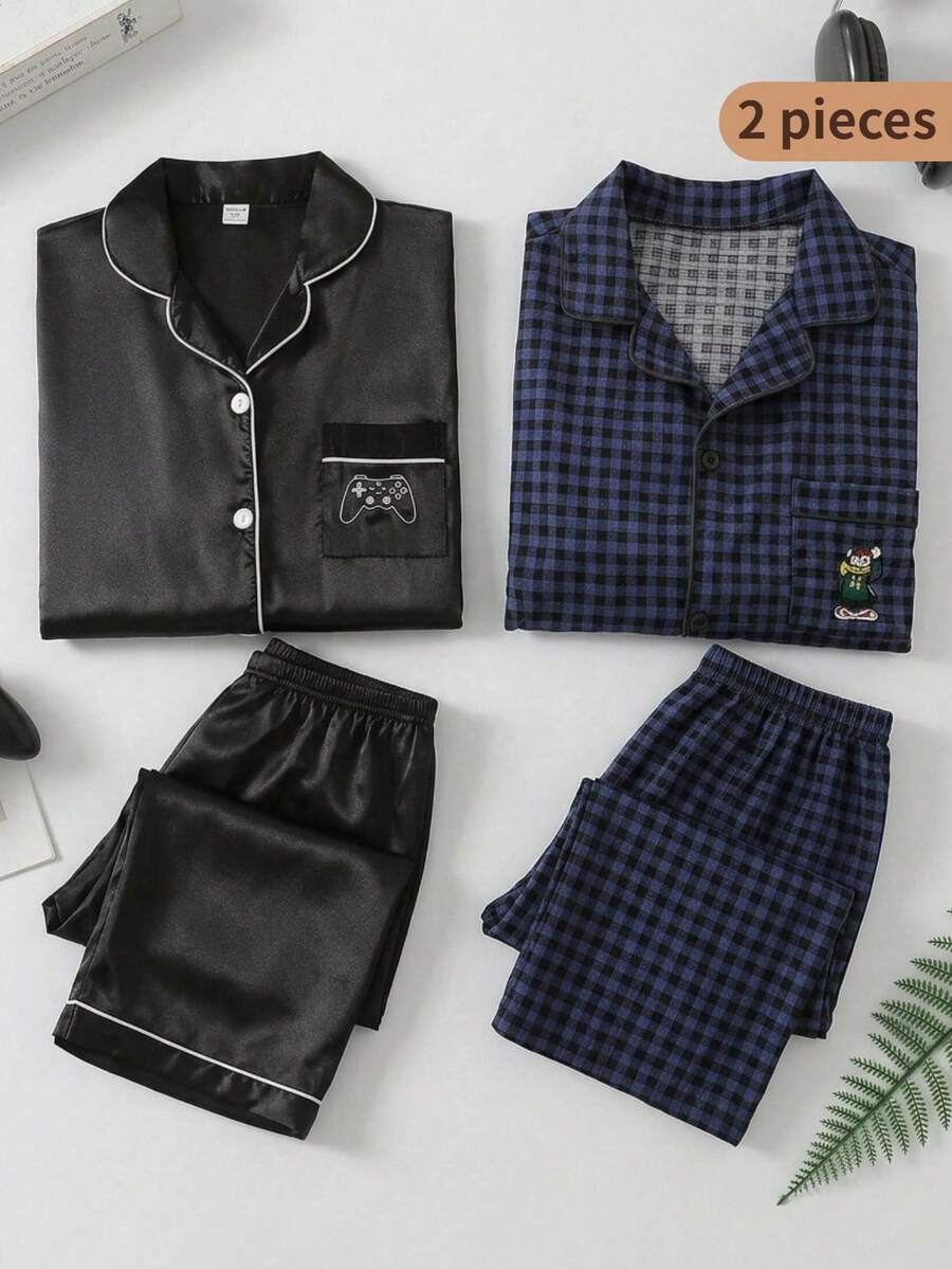 Setelan Piyama Celana Pendek Lengan Pendek Motif Wajah Tersenyum Kartun Gaya Grafiti, Pakaian Rumahan Kasual Terinspirasi Streetwear untuk Remaja Laki-laki - Navy Blue - View 1
