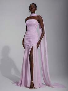 Elegant Minimalist Chiffon Halter Neck Dress (Detachable Sequins), Pleated Bust, Mesh Fishtail Hem, Suitable For Dates, Vacations, Weddings, Bridesmaid Events - Mauve Purple - View 6