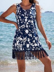 SHEIN Swim Lushore 新款夏季女士数码印花飘逸流苏无袖连衣裙/罩衫，沙滩度假装，优雅女士连衣裙，复活节女士连衣裙，休闲女士连衣裙，节日女士连衣裙，乡村女士连衣裙，度假女士连衣裙，蓝色女士连衣裙，夏季沙滩装 - 藍色 - 查看 3