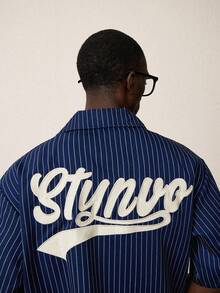 STYNVO 加大码男士条纹字母图案休闲百搭日常衬衫 - 寶藍色 - 查看 5