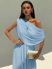 Aloruh Draped Shoulder Ruffle Decor Slim Fit Extra Long Flowy Maxi Dress,Light Blue Summer Elegant Vacation Wedding Guest Cocktail Holiday Party Lightweight - Baby Blue - View 5