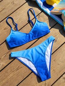 Swim Mod Set de 2 piezas Conjunto de playa para mujer, ropa de baño de vacaciones elegante y sexy, parte superior bandeau con tirantes ajustables de color degradado y Bottom de bikini, adecuado para fiestas en la piscina, primavera/verano - Multicolor - Ver 3