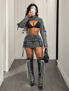 BamGleam Chân váy ngắn denim thời trang thường ngày dành cho nữ - Xám - Xem 6