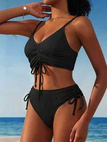 SHEIN Swim Ladies Fashionable Solid Color Versatile Bikini Set For Summer Beach - Black - View 3