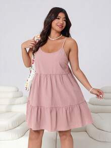 Solflare Plus Size Women's Lotus Pink Ruffle Hem Spaghetti Strap Spring/Summer Dress - Dusty Pink - View 4