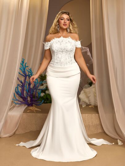 Glamrae Plus Size Elegant Romantic Luxurious White Beaded Lace Patchwork Satin Ruffle Trim Fitted Mermaid Hem Backless Bridal Wedding Dress, Suitable For Evening Gala, Party, Ball, Wedding