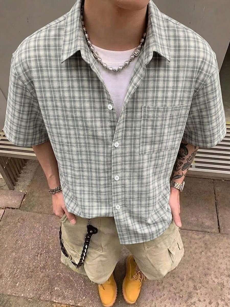 STEELVANCE 男士小格纹短袖衬衫,单口袋经典款,适合正式或休闲场合,如度假、用餐、办公、居家休闲等,百搭舒适面料,自穿或送礼皆宜。 - 彩色 - 查看 1