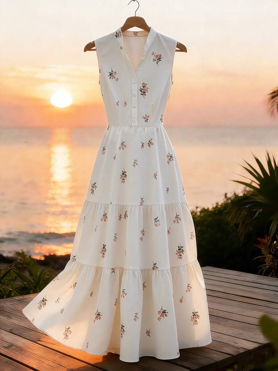 SHEIN Franclia Đầm nữ mùa hè kiểu dáng thường ngày, họa tiết hoa nhí, cổ chữ V, không tay, xếp tầng. - trắng - Xem 1