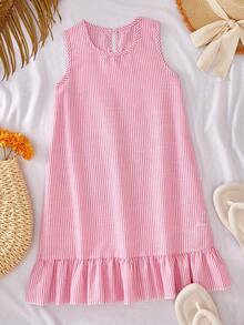 Tween Girls' Spring/Summer Vacation Nordic Casual Everyday Commute Round Neck Sleeveless Ruffle Hem Doll Dress, Striped Woven Linen Dress - Pink - View 2