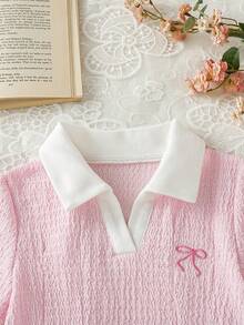 SHEIN 女婴拼接蝴蝶结刺绣褶皱连衣裙，适合日常外出、散步、公园游玩、游乐园、夏季野餐、小型聚会、生日场合等。 - 粉色 - 查看 7
