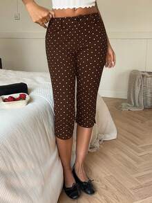 SHEIN EZwear 女款棕色與白色波點休閒 70 年代 1960 年代 百搭七分褲 早午餐 日常 夏季 - 咖啡棕 - 查看 5