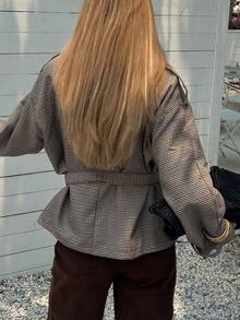 Elyressa 女士休闲格子外套配腰带，春秋季棕色方格商务休闲女装 - 彩色 - 查看 2