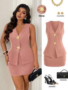 Femmeverse Plus Size Women Solid Color Metal Single-Breasted Top And Mini Skirt Casual Vacation Set - Pink - View 3