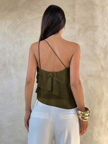 Aloruh Áo kiểu voan hồng lệch vai hở lưng xếp tầng bồng bềnh, thích hợp cho mùa Xuân/Hè, thanh lịch, lãng mạn, hẹn hò đêm Valentine, mùa cưới, trang phục dự tiệc cưới, áo sơ mi hồng thanh lịch lãng mạn. - xanh quân đội - Xem 2