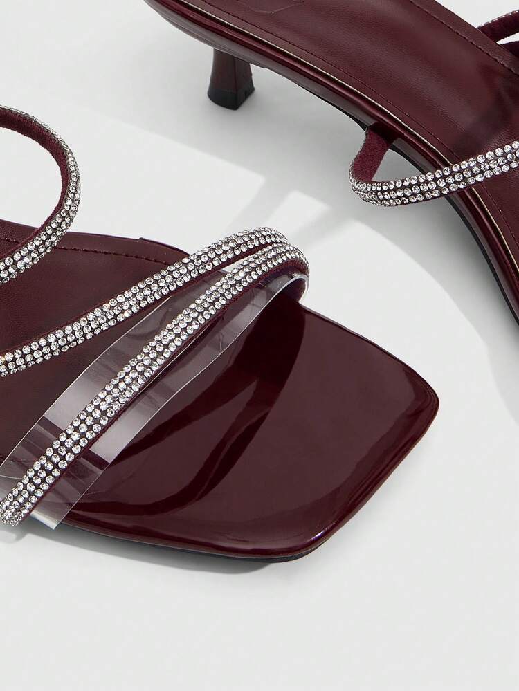 CUCCOO SZL Women Shoes Spring And Summer New Square-Headed Kitten With Burgundy Rhinestone Strip Sandals Simple Fashion Comfortable Versatile Sexy Party Banquet