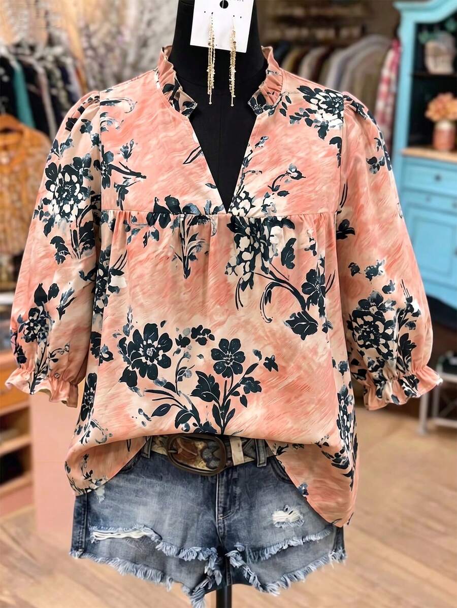 SHEIN JORESS Women's Elegant Casual Commuting Linen Print Loose Short Sleeve Blouse - Multicolor - View 1